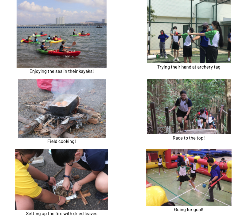 Six photos show students kayaking, doing archery, field cooking, hiking stairs, starting a fire, and playing an inflatable field game.